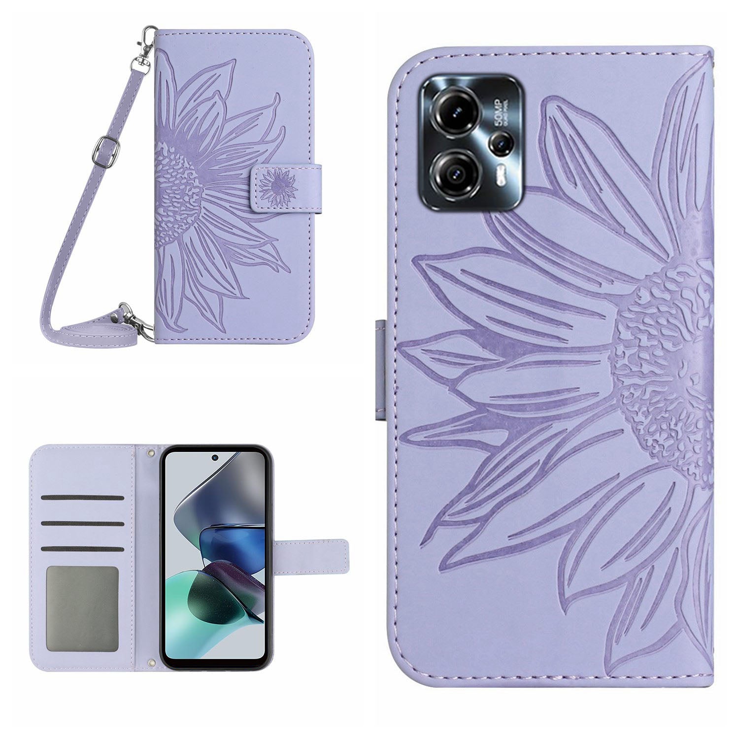 HT04 Flip Cover for Motorola Moto G23 4G G13 4G Shockproof Sunflower Imprinted Stand Wallet PU Leather Case with Shoulder Strap HT04 Flip Cover for Motorola Moto G23 4G G13 4G Shockproof Sunflower Imprinted Stand Wallet PU Leather Case with Shoulder Strap